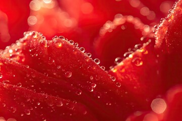 Dewy red flower petals close-up