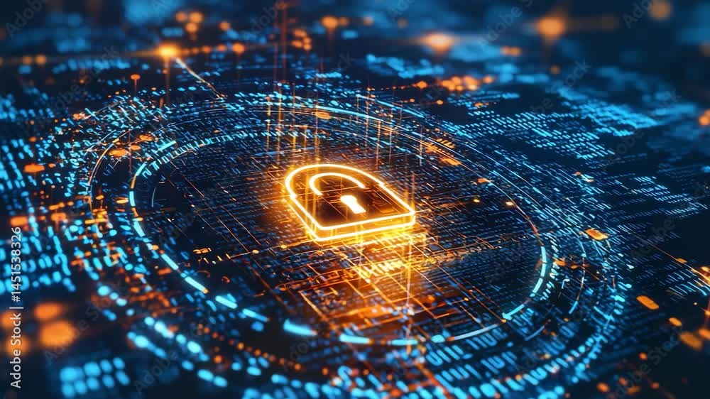 Poster futuristic digital security concept showcasing glowing lock symbol against a backdrop of binary code