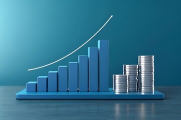 3D Blue Bar Graph with Coins and Upward Trend Line on Gradient Background