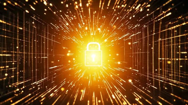 Abstract digital illustration representing cybersecurity and data protection with glowing padlock symbol in a vibrant binary landscape