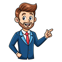 Business man pointing finger at something. Happy face. Hand drawn style vector design illustrations. 