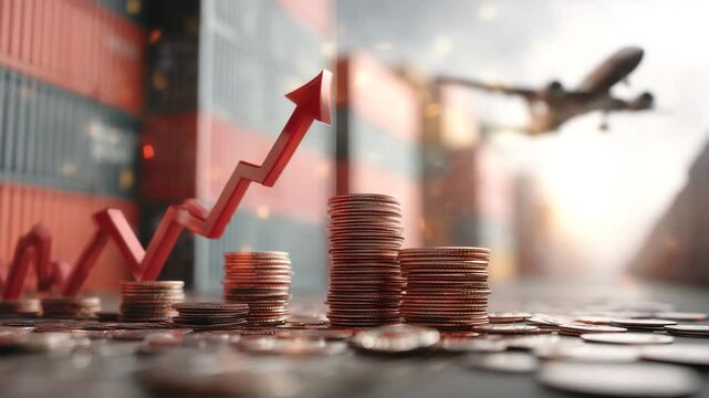 Growth in Trade and Logistics Visualized with Coins, Cargo Containers, Arrow, and Airplane on a Blurred Background of a Shipping Yard