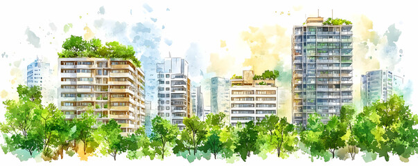 Eco-city skyline, green roofs, urban park