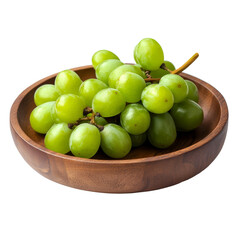 Fresh green grapes arranged in a wooden plate on a clean transparent background, Green grape in wood plate isolated on transparent background