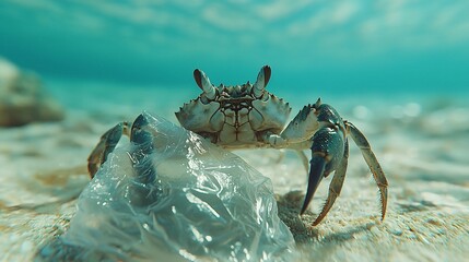 Fototapeta premium Crab confronts plastic debris in ocean
