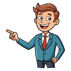 Business man pointing finger at something. Happy face. Hand drawn style vector design illustrations. 