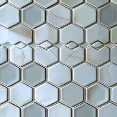 Geometric Harmony: A close-up view of a striking, hexagon-patterned tile surface, showcasing the interplay of light and shadow across the cool, textured facets.
