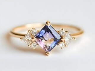 Tanzanite and Diamond Ring: A stunning ring features a vibrant, bi-color tanzanite gemstone in a square cut, flanked by three sparkling diamonds in a triangular setting.