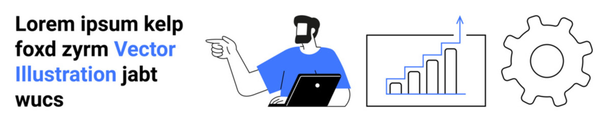 Man with laptop pointing at a chart, bar graph with upward arrow symbolizing growth, and gear for settings. Ideal for business, analytics, strategy, workflow, teamwork, coaching flat landing page