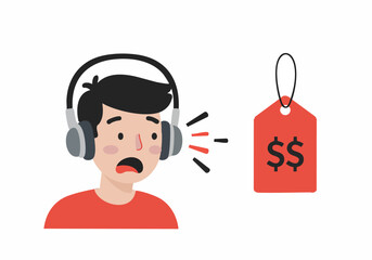 A young man reacts with shock and fear to a price tag attached to his headphones. Expresses financial anxiety and sticker shock. Bright, illustrative style.