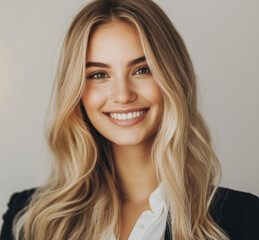 Naklejka premium woman standing at the intersection of clarity and ambition. Her calm smile and composed presence radiate professionalism and intelligence.