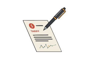 A stylized graphic depicts a pen writing the word 'Tariff' on a document with a dollar sign. Modern, illustrative style. Suitable for business and finance concepts.