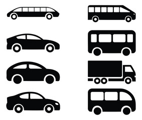 Silhouette Icons of Cars, Buses, and Trucks &ndash; Vector Transportation Set