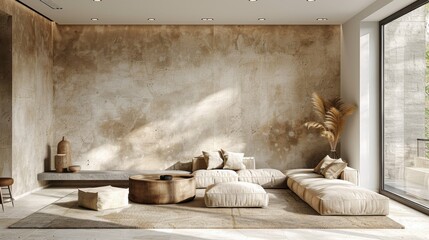 Minimalist living room with earthy tones and natural sunlight