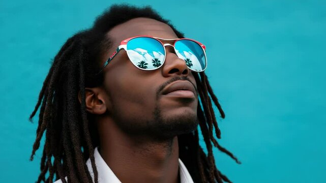 A stylish man with dreadlocks wearing reflective sunglasses, gazing upward against a vibrant blue wall - jamaican man