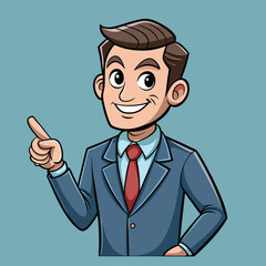 Business man pointing finger at something. Happy face. Hand drawn style vector design illustrations. 