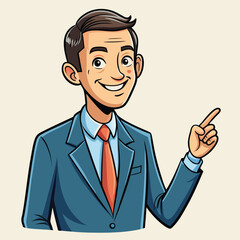 Business man pointing finger at something. Happy face. Hand drawn style vector design illustrations. 