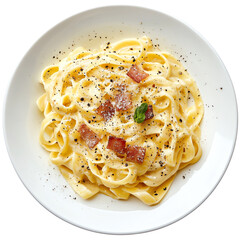 Pasta carbonara with bacon, cheese, basil on a white plate, isolated on white background.