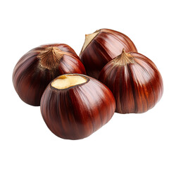Obraz premium Organic chestnuts displayed on a transparent background showcasing their rich brown shells and creamy interiors, Organic chestnuts on a transparent background