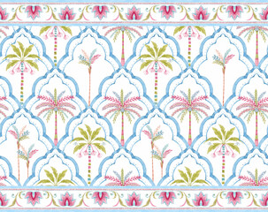 Seamless Multicolored Watercolor Moroccan Pattern with Stylized Palm Trees and Geometric Texture , Creative Repeat Modern Pattern with Ornamental Design