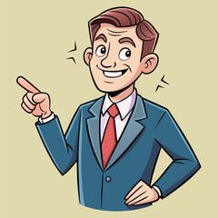 Business man pointing finger at something. Happy face. Hand drawn style vector design illustrations. 