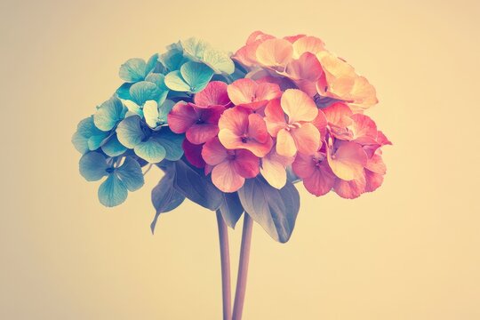 Vibrant colorful hydrangea blossoms in pastel hues against a soft backdrop.