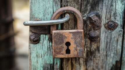 Rusty padlock on weathered wooden gate