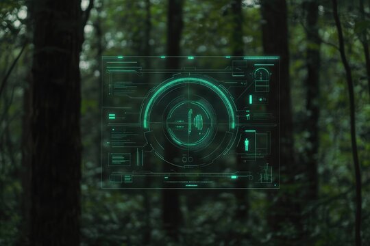 Holographic display in a forest  Detailed interface with data and targeting