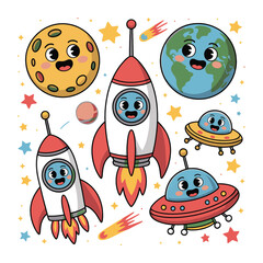 Cute cartoon space elements with rockets, planets, UFOs, and stars colorful kids vector design