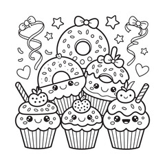 Cute cupcakes and donuts coloring page kawaii sweets with faces, stars, hearts, and decorations