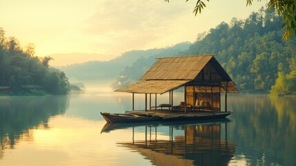 Fototapeta premium Tranquil Sunrise Floating House on Serene River