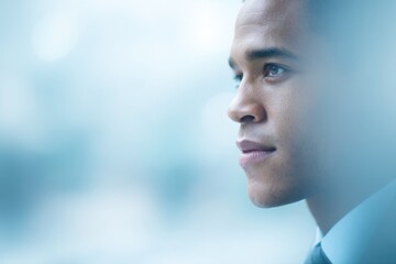 minimalist portrait of person representing diverse demographics with blurred background and ample copy space