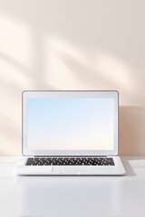 Fototapeta premium minimalist remote work setup featuring sleek laptop on simple desk complemented by ample copy space