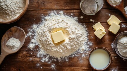 Baking ingredients, flour, butter, milk, wooden table, overhead shot, food preparation
