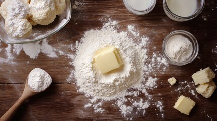 Baking ingredients on wood butter, flour, milk. Pastry recipe preparation. Food blog image