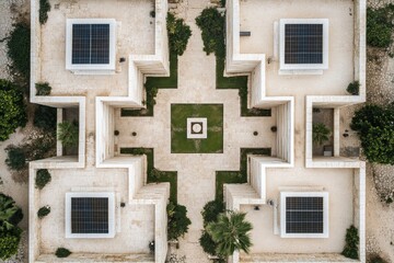 Aerial view of a symmetrical, modern building complex with a central courtyard