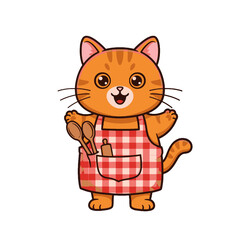 Cute cartoon cat chef with apron holding spoons and rolling pin