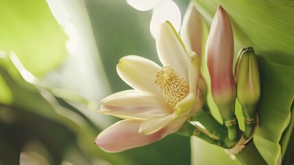 Banana blossom close-up, sunlight, green leaves, tropical plant. Use Botanical illustration, food blog