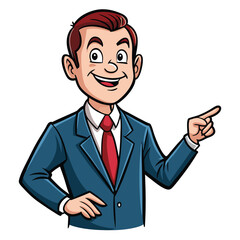 Business man pointing finger at something. Happy face. Hand drawn style vector design illustrations. 