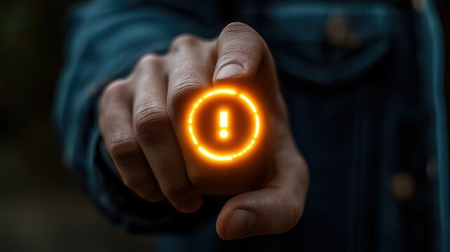 A hand pointing to a glowing warning sign