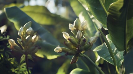 Banana blossom in tropical garden sunlight