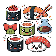 Cute sushi cartoon set with smiling rolls, sashimi, soy sauce, and kawaii expressions vector design