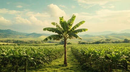 Banana tree in a field, mountains in background, rural landscape, nature photography