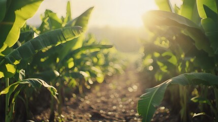 Banana plantation sunset, agriculture, farming, tropical landscape