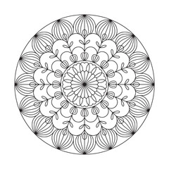 Floral mandala coloring page detailed black and white circular design with petals and symmetry