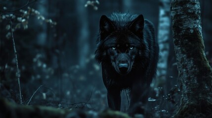 Black wolf stares, forest night, mysterious background, wildlife photography
