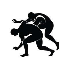 Two Wrestlers Grappling in Fierce Match – Silhouette Vector Image on White Background