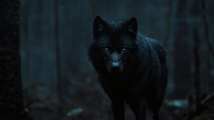 Black wolf stares, misty forest background; wildlife, nature photography