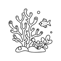 coral and fish icon, coral and fish line art - simple line art of coral and fish, perfect for coral and fish logos and icons