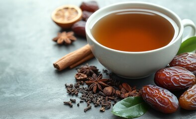 Minimalist Ramadan Concept with Dates, Tea, and Cinnamon Sticks on Light Gray Background